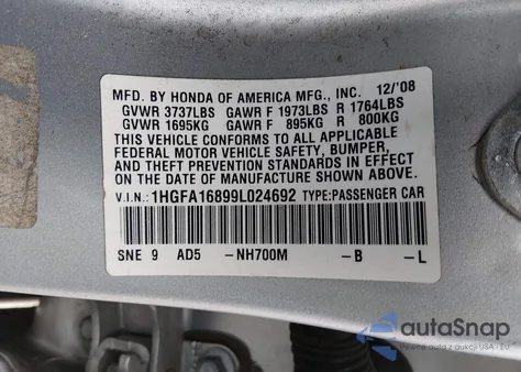 2009 Honda Civic Ex from USA, damaged, VIN 1HGFA16899L024692